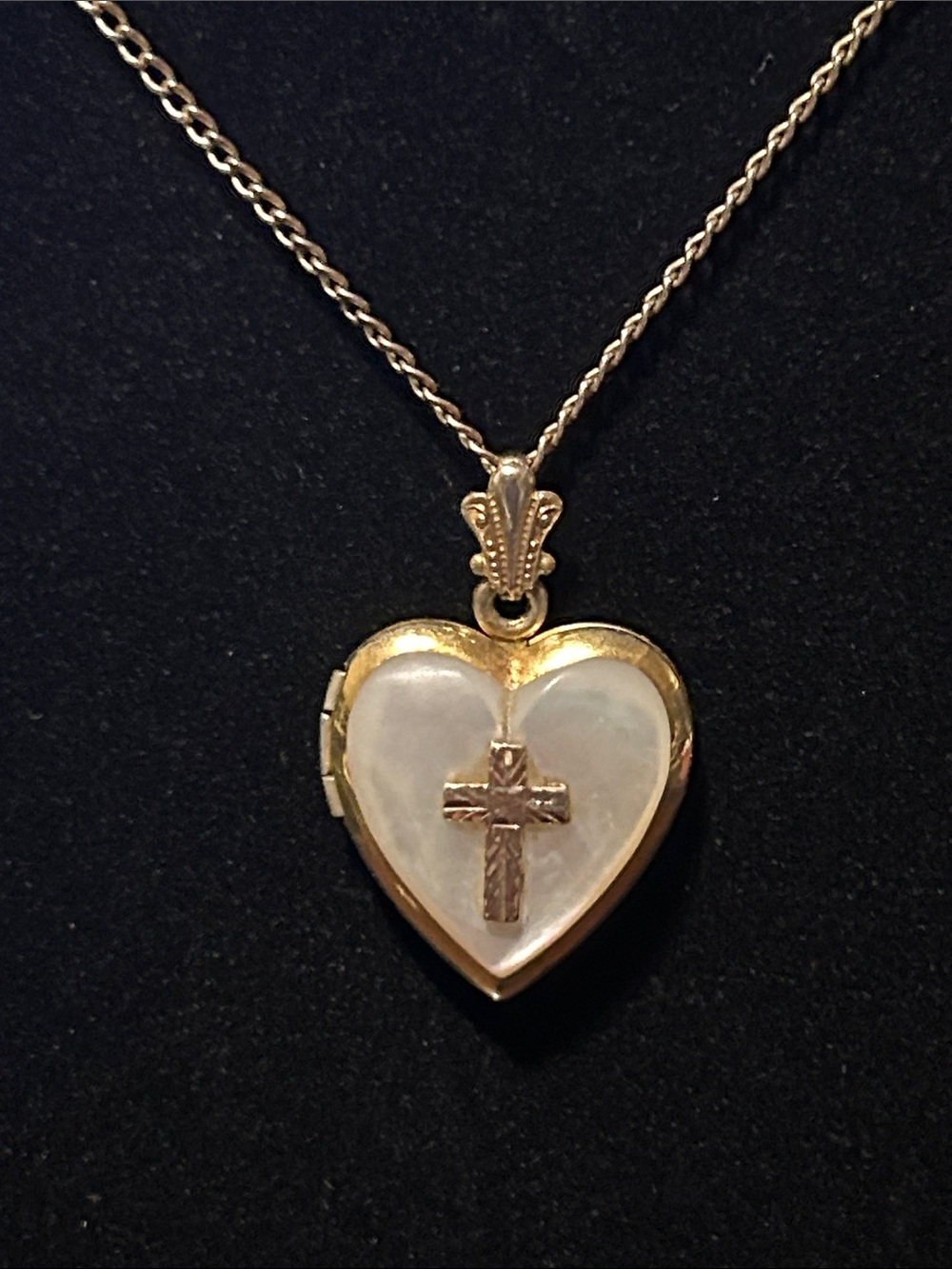 Gold-Filled Heart Locket Necklace with Mother-of-Pearl/Cross